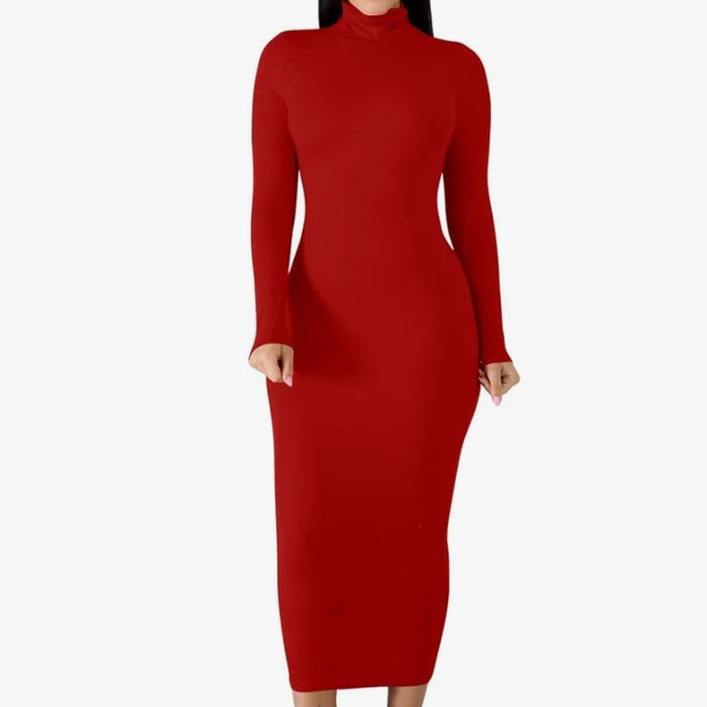 Red mock neck long sleeved midi dress